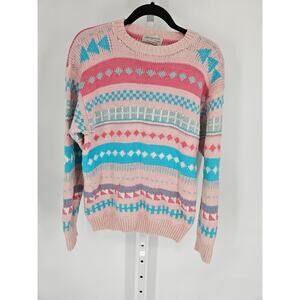 VTG 90s Amazanias Women's Long Sleeve Hand Knitted Pink Crew Neck Sweater Sz L